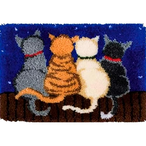 Image of Howie's Latch Hook Kit, DIY Cats Rug Crochet Yarn Kits for Adults, Color Preprinted Pattern Embroidery Decoration (Cats-Night, 19.69 x 14.96 inch)