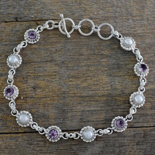 NOVICA Artisan Handmade Cultured Pearl Amethyst Link Bracelet Sterling Silver Purple White India Floral Birthstone [bracelet 7.75 in min L x 8.75 in max L 8 mm W] ' Petite Flowers'3