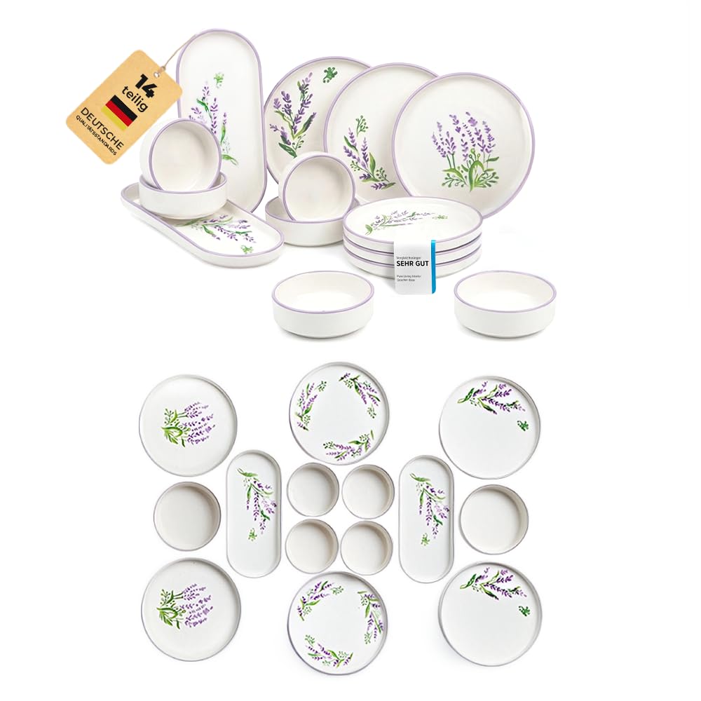 14-teiliges Frühstücksset für 6 Personen – Stackable Lavendel Serie – Handbemaltes Kütahya-Keramikgeschirr mit Servierplatten – Spülmaschinengeeignet & stapelbar