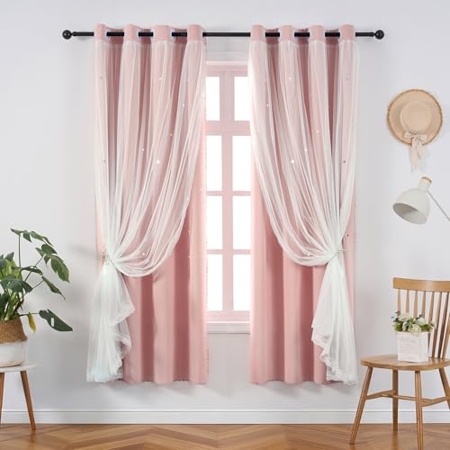 Image of Star Cutout Light Pink Curtains Blackout Bedroom 4 Panels 52x63 Inches Long