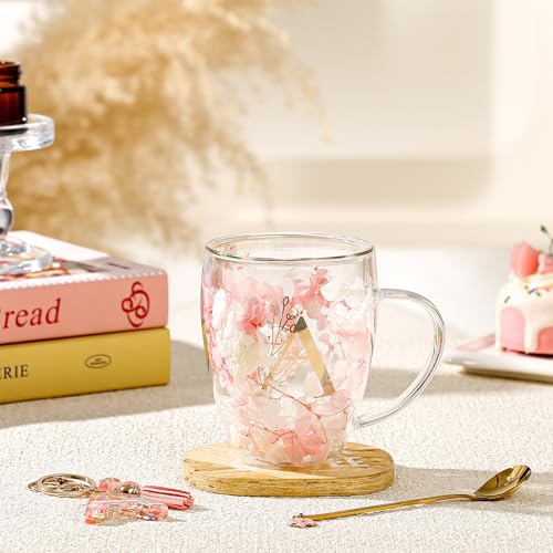 Gifts for Women Glass Coffee Mugs Unique Birthday Gift for Women Her Ladies Espresso Tea Cups Personalised Friendship Wedding Gifts Cute Double Walled Glass Mugs Pink Stuff Graduation Gift (Letter A)