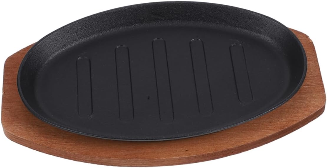 VICASKY Cast Iron Griddle Plate with Lid Nonstick Teppanyaki Skillet for Steak Cooking 12 Inch BBQ Tray for Western Cuisine with Wooden Base