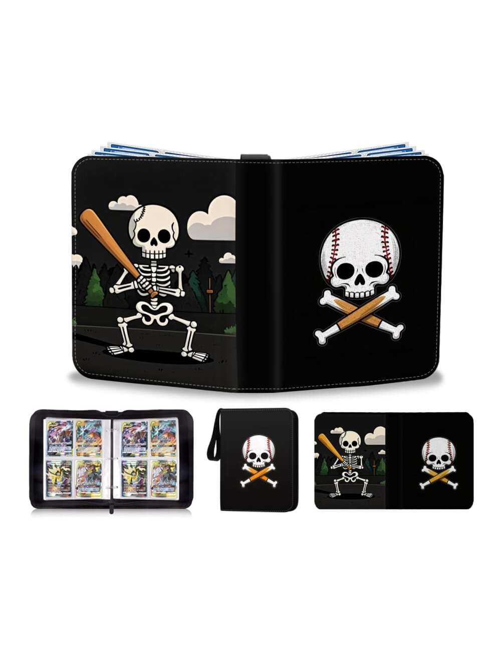 1PC Cute Skeleton Baseball Theme Trading Card Binder Case For Game Cards With Sleeves Binder 4-Pocket, Portable Card Collector Card Holder For Holds Up To 400 Standard Size Cards Games Carrying Case.