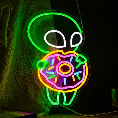 Image of Alien Donuts Neon Sign Green Alien Neon Light for Wall Decor Donuts Led Lights Up Sign for Bedroom Dessert Shop Bakery Party Decoration Gift Fast Food Shop Cool Light Sign 16.5 * 11.4 IN