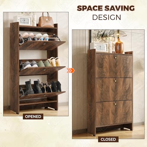 Image of ABOUT SPACE Shoe Cabinet - 5ft 3 Tier Shoe Rack with Flip Drawer| 18-20 Pair Engineered Wood Slipper Stand with Anti-Tipping Protection Removable /Adjustable Panels (Walnut-L73 x B25 x H145cm)