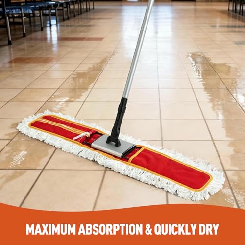 Image of CLEANHOME 36 inch Commercial Dust Mops for Tile Hardwood Floor Cleaning, Red | 59 inch Long Handle, Heavy Duty Floor Duster Mop, Hotel Gym Household Cleaning Supplies
