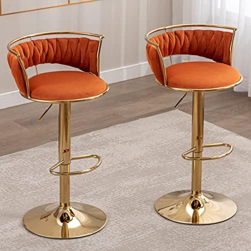DUOMAY Modern Swivel Bar Stools Set of 2, Velvet Adjustable Height Barstools Low Back Kitchen Island Counter Bar Chair with Golden Base, Orange