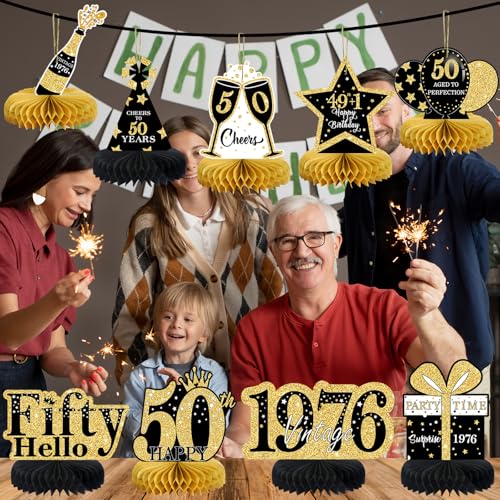 Image of 9 Pcs 50th Birthday Decorations Honeycomb Centerpieces for Women Men, Black Gold 1976 Aged to Perfection Vintage Centerpieces for Tables Toppers,Fifty Years Party Decorations Supplies