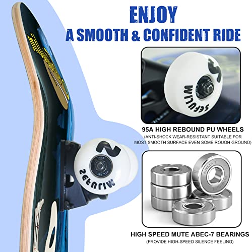 Image of 31 x 8 Inch Complete Skateboard 7 Layer Canadian Maple Double Kick Deck Concave Cruiser Trick Skateboard for Boys Girls Teens Adults Beginner
