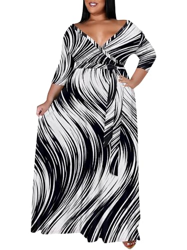 Image of SUZONANA Plus Size Maxi Dresses for Curcy Women Casual Loose 3 /4 Sleeve Long Dress with Belt