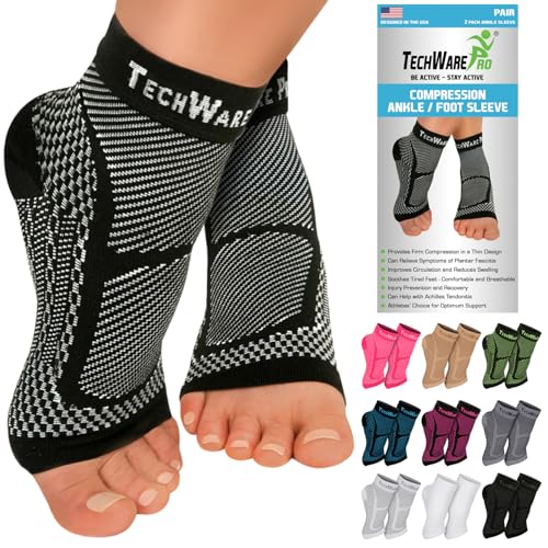 TechWare Pro Ankle Brace Compression Sleeve - Relieves Achilles Tendonitis, Joint Pain. Plantar Fasciitis Foot Sock with Arch Support Reduces Swelling & Heel Spur Pain. (Black/Gray L/XL)