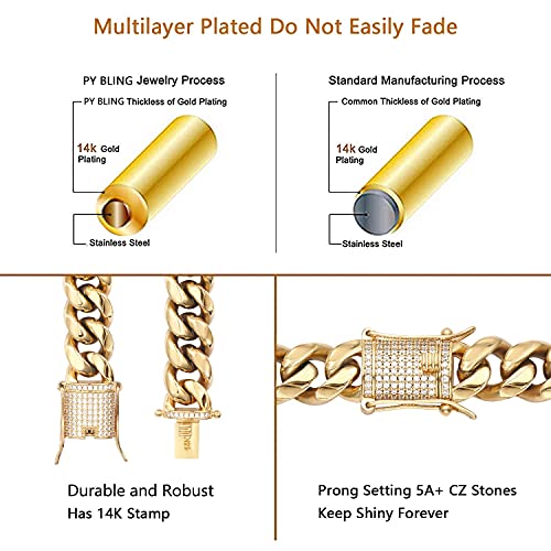 Heavy Stainless Steel Miami Cuban Link Bracelet 8mm-16mm 14k Real Gold Plated with Lab Diamond Clasp Premium Hip Hop Jewelry For Men Women with Gift Box2