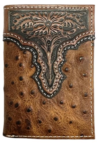 Original ARIAT Tooled Ostrich Trifold Wallet, Brown