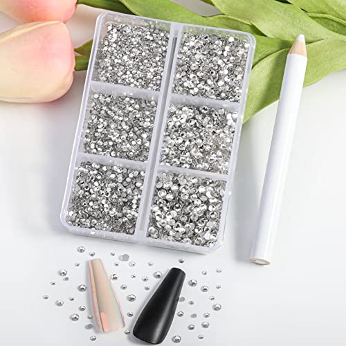 Image of Beadsland Flatback Rhinestones, Crystal, 7200pcs Mixed 6 Sizes | Glass Nail Gems, Round Crystal, With Wax Pencil Kit, SS3-SS10, Clear