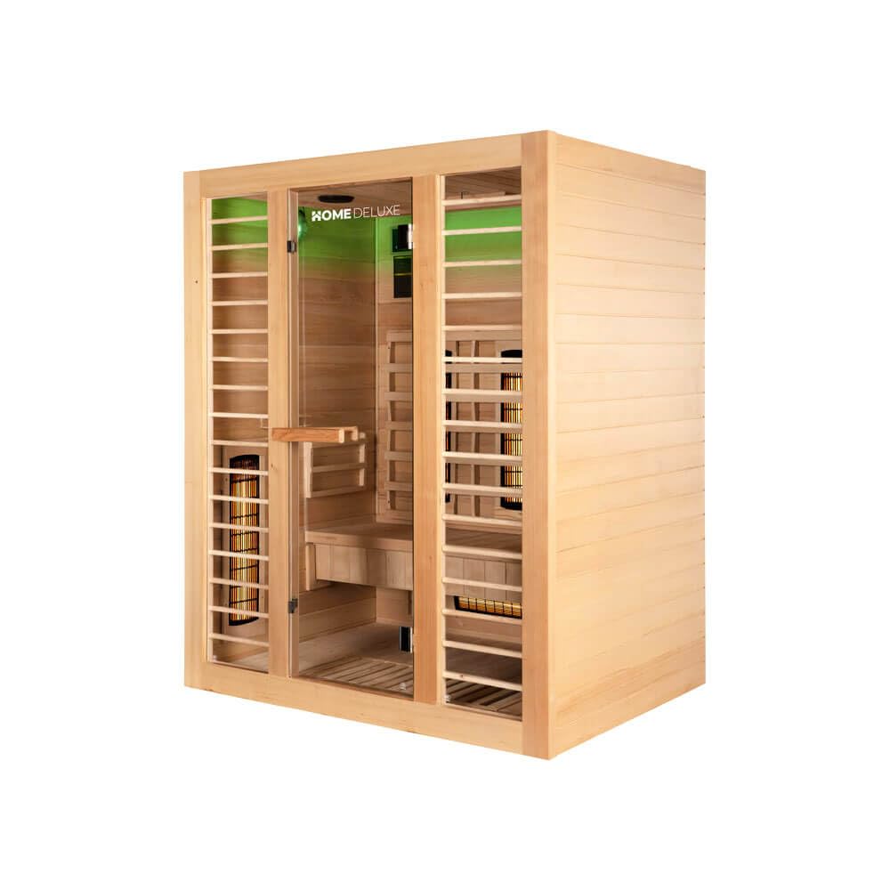 Home Deluxe – Infrarotkabine REDSUN L Deluxe - 153 x 110 x 190 cm - für 3 Personen, 6 Vollspektrumstrahler, Holz: Hemlocktanne I Infrarotsauna, Sauna, Wärmekabine, Infrarot