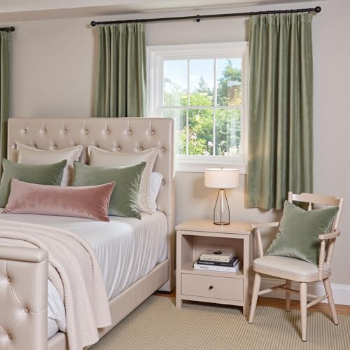 Image of Blackout Olive Sage Velvet Curtains Rod Pocket 52x72 Inch 2 Panels | Soft Velvet, Light Filtering, For Small Windows, Kitchens & Bathrooms, Light Shifting Texture, Elegant Drape, Serene