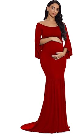 ZIUMUDY Maternity Retro Off Shoulder Flare Sleeves Mermaid Gown Maxi Photography Dress for Baby Shower
