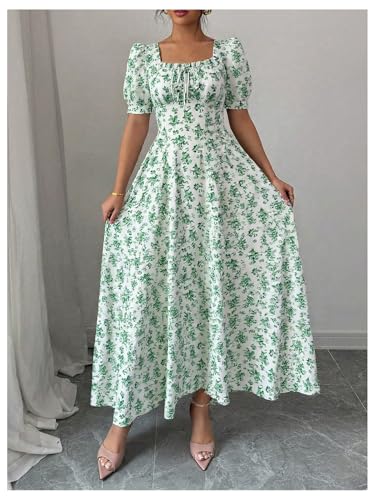 Image of Floerns Women's Floral Short Puff Sleeve Milkmaid Dress Boho A Line Long Dresses