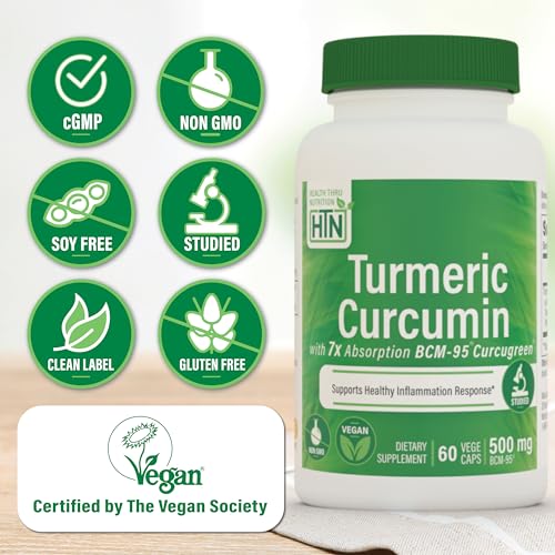 Image of Health Thru Nutrition Turmeric Curcumin Complex 500mg Supplement | as BCM-95 Curcugreen Clinically Studied | Vegan Certified (Pack of 60)
