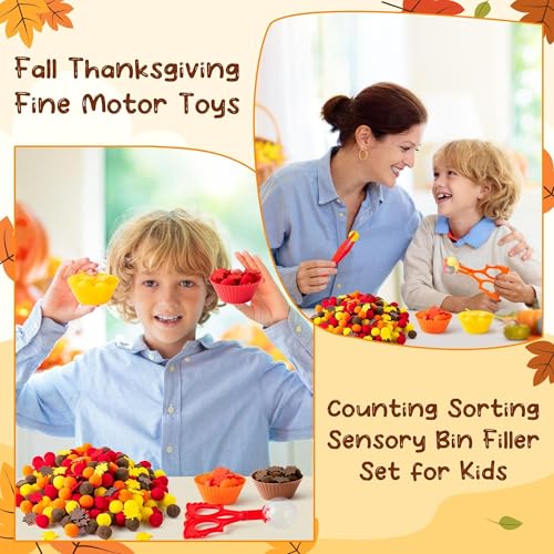 Image of EZdhuawuse Fall Sensory Bin Fillers - 294P Fall Thanksgiving Fine Motor Toys Counting Sorting Set for Kids Autumn Counting Toy with Felt Maple Leaf Pom Poms Cup Clip for Preschool Education Activities