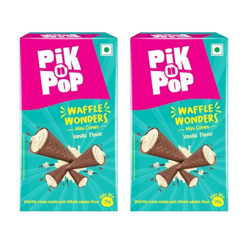Image of Pik n Pop Vanilla Mini Waffle Cones 70g (Pack of 2) | Crispy Cones with Creamy Vanilla Filling | Whole Wheat | Non-Meltable Ready-to-Eat Snack | 100% Eggless