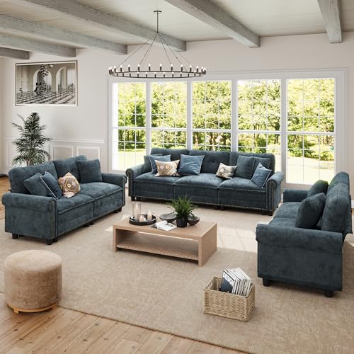 Image of SUNSHINE VALLEY 3-Piece 7-Seater Cloud Modular Sofa Set with Extra Deep & Wider Cushions, Oversized Mid-Century Modern Couch Set with Loveseat and Throw Pillows for Living Room, Chenille Cyan