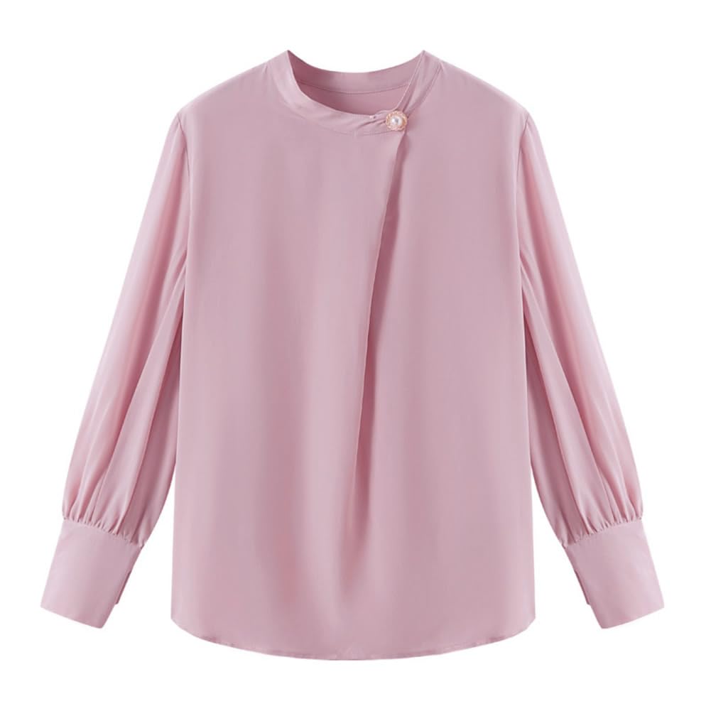 DISSA Blusa de seda para mujer, cuello alto, blusa de manga larga, camisa de seda, camiseta monocolor, S9611