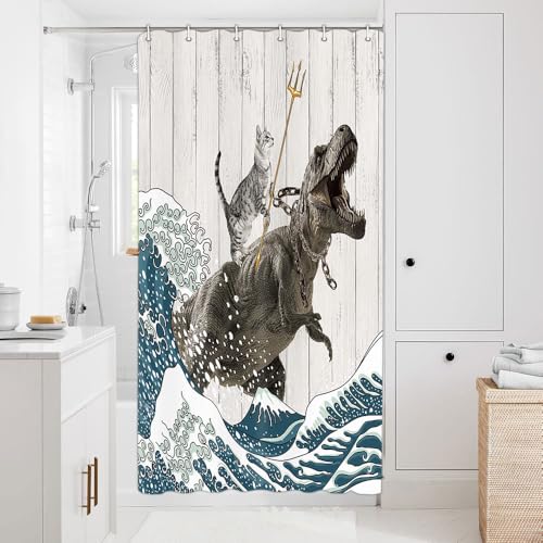 Image of Boziqr Funny Cat Shower Stall Curtain, Cool Cat Dinosaur Japanese Ocean Wave Decor Fabric Bathroom Curtains, Kids Children Rustic Wooden Farmhouse Shower Curtain, 36 X 70 Inches
