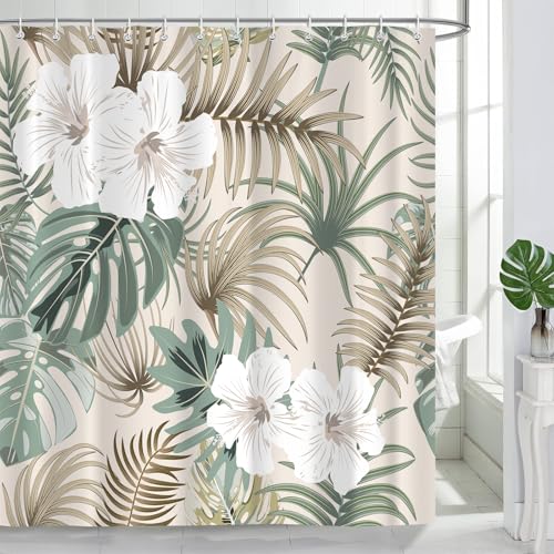 PAOPOED Tropical Shower Curtain for Bathroom, Green Palm Tree Flower Plant Boho Leaf Banana Monstera Sage Beige Shower Curtains Set, Fabric Bathroom Accessories with Hooks