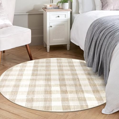 Image of Checkered Area Rug, 4 Ft, Round, Beige | Washable, Non Slip, Modern Neutral, For Living Room Bedroom Office Patio Dining Room