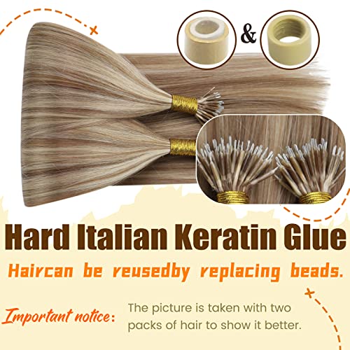 Ugeat Highlight Nano Bead Hair Extensions Human Hair Golden Blonde Nano Hair Extensions Human Hair Highlight Bleach Blonde Short Length 14 Inch 50G 50S #10/613 - Image 3