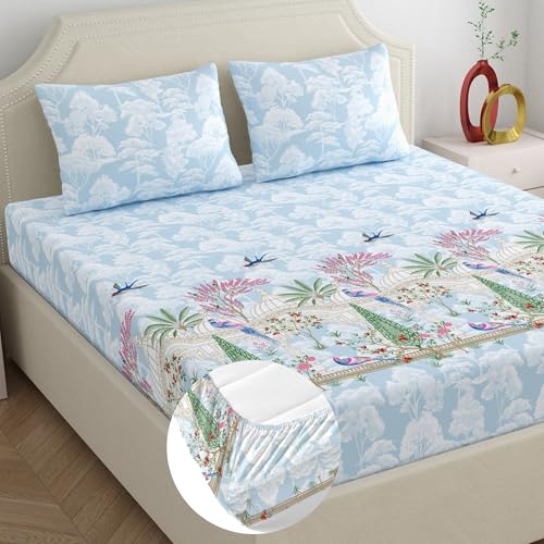 Image of Home Ecstasy 100% Cotton King Fitted Bedsheet with 2 Pillow Covers - (Size 72 x 78 inches, 140 TC, Colour - Light Blue)