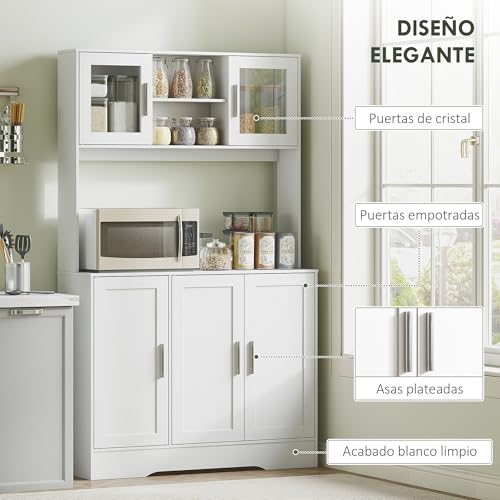 HOMCOM Alacena de Cocina, Mueble Auxiliar de Cocina con 2 Puertas de Vidrio, Encimera Amplia para Microondas, Compartimentos Abiertos, Estantes Ajustables, 108x35x180 cm, Blanco - imagen 6