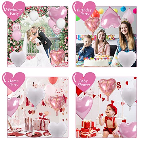 Image of Pink White Agate Heart Shape Balloons - 10PCS Pink & White Foil Heart Balloons for Valentine's Day Decorations - 18inch