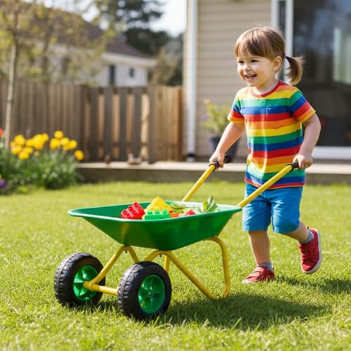 Image of Kids Gardening Tool Wheelbarrow 2 Wheel Children Metal Wheelbarrow for Kids | Toddler Wheelbarrow Wheel Barrow Wheel Barrel All Seasons Digging Weed,Sand,Sweeping Leaves,Snow Outdoor Toy(Green)