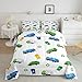 Garbage Truck Comforter Set Kids Full Size Cartoon Car Bedding Set for Boys Teens Girls Room Decor Child Soft White Green Blue Quilt Set Waste Management Recycling Vehicles Duvet Insert 3Pcs