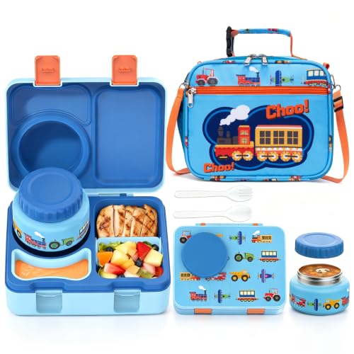 Image of Bento Box for Kids, Leakproof Kids Lunch Box with 8.5OZ Thermo Food Jar & Lunch Bag, 3-4 Compartments Toddler Insulated Lunch Box for Boys, BPA Free Lunch Containers for School Daycare