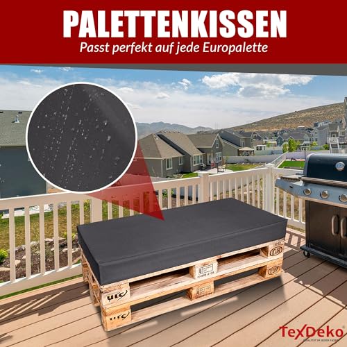 TexDeko® Palettenkissen 120 x 80 x 12cm Wasser-& schmutzabweisend Abnehmbarer Bezug mit Reißverschluss waschbar gepolstertes Sitzkissen für Europalette Palettenpolster (Grau)