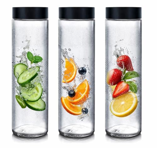 Image of 1000ml Glass Food Grade Airtight Water Bottle with Leak-Proof Black-Color Plastic Lid - Water, Smoothie, Juicer and Beverage Glasses (2, Black Rio)
