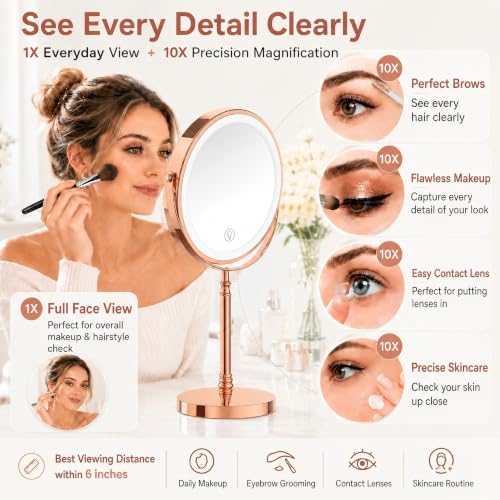 Image of DEIOVWXS Makeup Mirror, Rechargeable Vanity Mirror with 3 Lights, 1X /10X