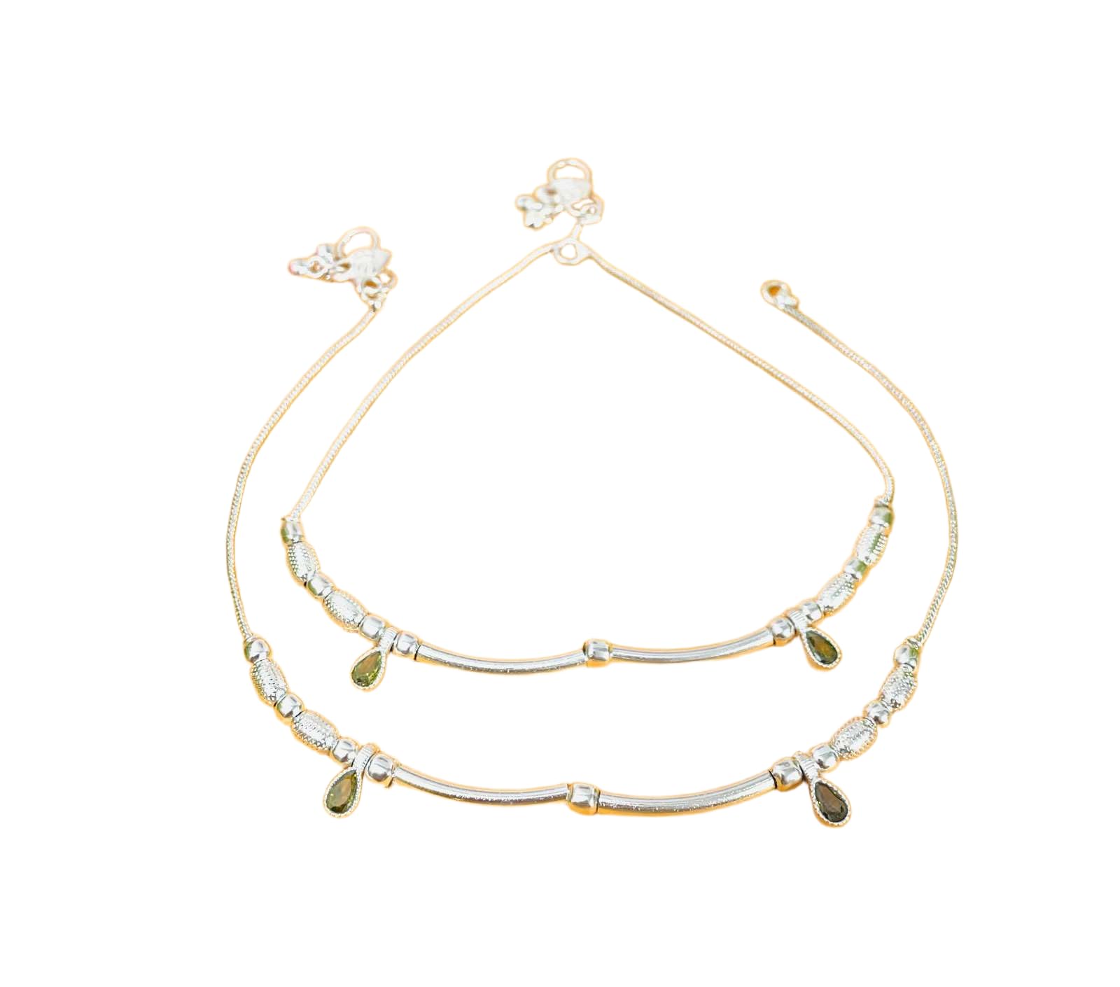 Silver and Gold Tone Anklet Pair with Green Stone Drops-image-9