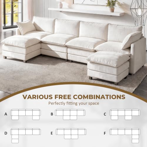 Image of LEVELEVE 146 inch U-Shape Modular Sofa with 2 Ottomans, Deep Seat Cloud Convertible Sleeper, 2 Arm Pillows, Comfortable Large Upholstered Furniture for Living Room Apartment, Beige