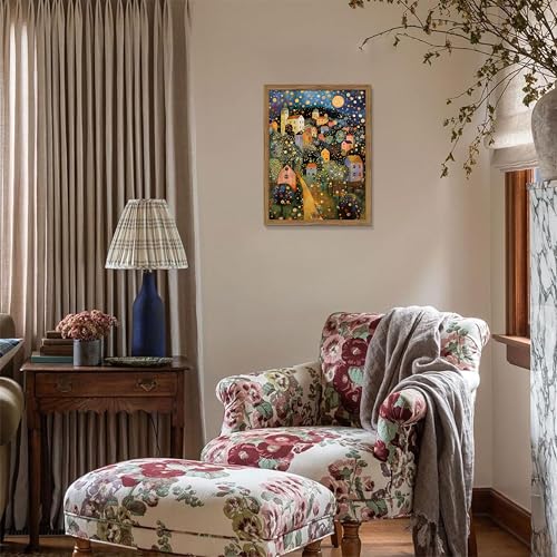 Image of Abstract Moon Stars Tree Framed Canvas Wall Art - Vintage Gustav Klimt Style Oil Painting Print, Village Night Landscape Decor for Living Room Bedroom Nursery Office 12x16 inch