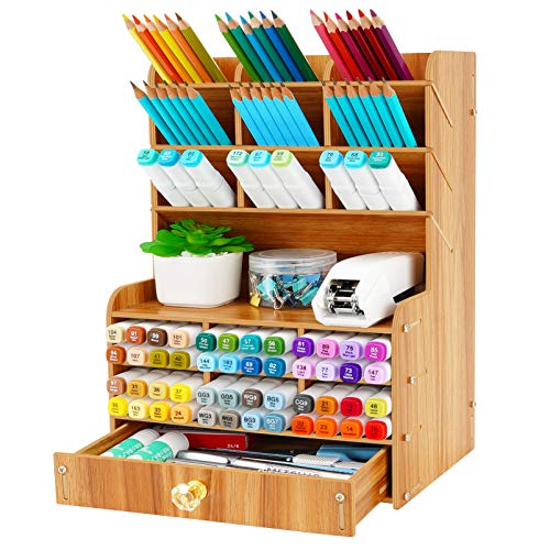 Wellerly Wooden Desk Organizer, Multi-Functional DIY Desktop Pencil Holder with 15 Compartments Stationary Box Storage Rack with Drawer - Easy Assembly - Home Office School Supply - Cherry Color