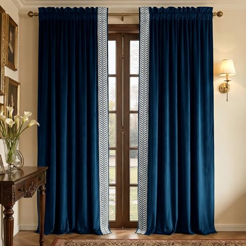 NICETOWN Rod Pocket Embroidered Trim Velvet Curtains, 2 Panels, Navy Blue, Velvet Curtains 96 inches Long, Soft and Elegant Heavy Matt Solid Thermal I