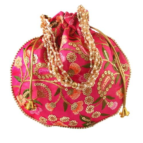 Image of Handcrafted Potli Purse with Golden Floral Embroidery and Pearl Accents