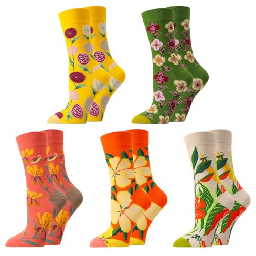 Utensilsto 5 Paar Lustige Socken Bunte Socken Damen 39-42 Sneaker Socken Lustige Geschenk Baumwollsocken mit Blumen Motiv Mehrfarbige für Frauen und Mädchen