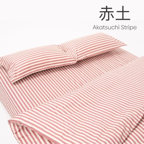 Image of Haus & Kinder Double Bed Bedsheet 90 x 100 | 186 TC Pure Cotton Bed Sheet Double Bed with 2 Pillow Covers | Queen Size Bed Sheet | Akatsuchi Stripe Red Earth