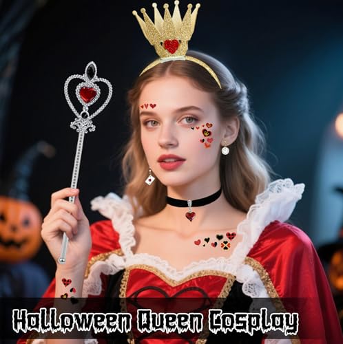 Dokeawo Hearts Queen Costume Accessories Women- Red Hearts Crown Headband, Earrings, Wand, Necklace & Tattoo Stickers for Halloween Cosplay Birthday Party Dress Up