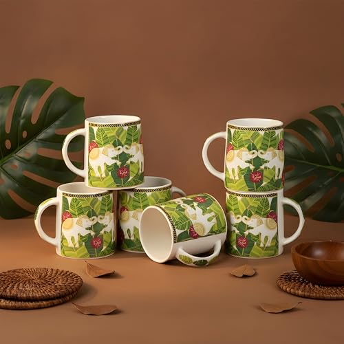 Image of Miah Neelmayur Royale Floral Ceramic Cup Set - Set of 6 | 10.16 cm x 6.85 cm x 8.89 cm | Handcrafted Coffee & Tea Mugs | Microwave & Dishwasher Safe | Vibrant Garden-Inspired Design